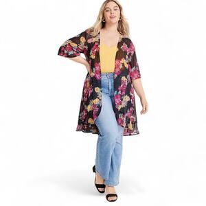 Maurices Women's NWT Plus Size Floral Ruffle Hem Kimono Size 2X Black Multi
